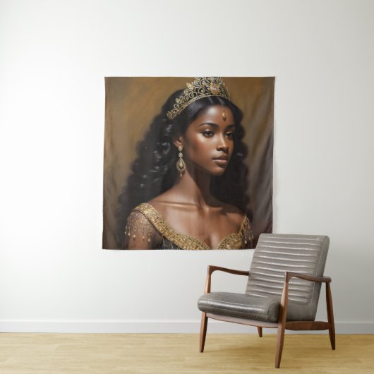 Mooie zwarte koningin gouden kroon wandkleed (In situ)