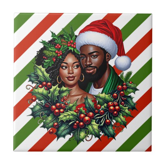 Mooie zwarte koppel Kerstkrans kunst Tegeltje (Voorkant)