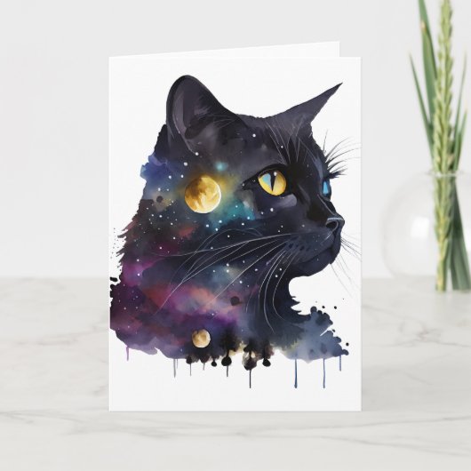 Mooie Zwarte Kosmische Aquarel Ruimtekat Kaart (Voorkant)