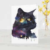 Mooie Zwarte Kosmische Aquarel Ruimtekat Kaart (Gele Bloem)