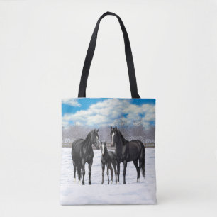 Mooie zwarte kwartier paarden in sneeuw tote bag