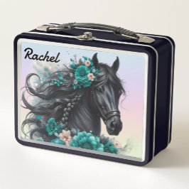 Mooie Zwarte Paard met Turkoois Bloemen