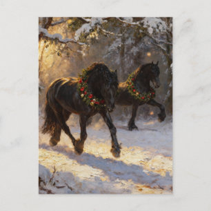 Mooie Zwarte Paarden Winter Woud Kerstmis Briefkaart