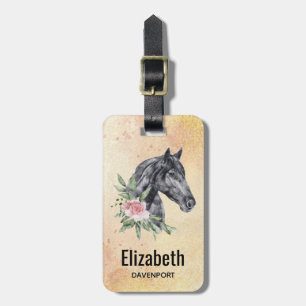Mooie Zwarte Paardenkop Portret Waterverf Bagagelabel