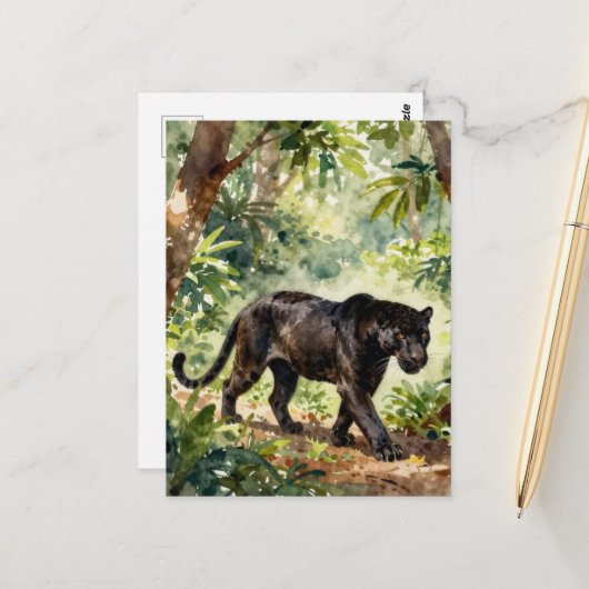 Mooie zwarte panter in het bos briefkaart (Voorkant / Achterkant in situ)