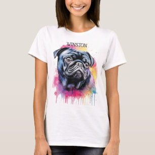 MOOIE ZWARTE PUG HONDENGEZICHT MET REGENBOOG ACHTE T-SHIRT