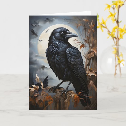 Mooie Zwarte Raaf Portret Bomen Maan Blank Kaart (Gele Bloem)