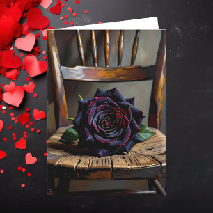 Mooie Zwarte Roos op Rustieke Stoel Valentijnsdag Kaart