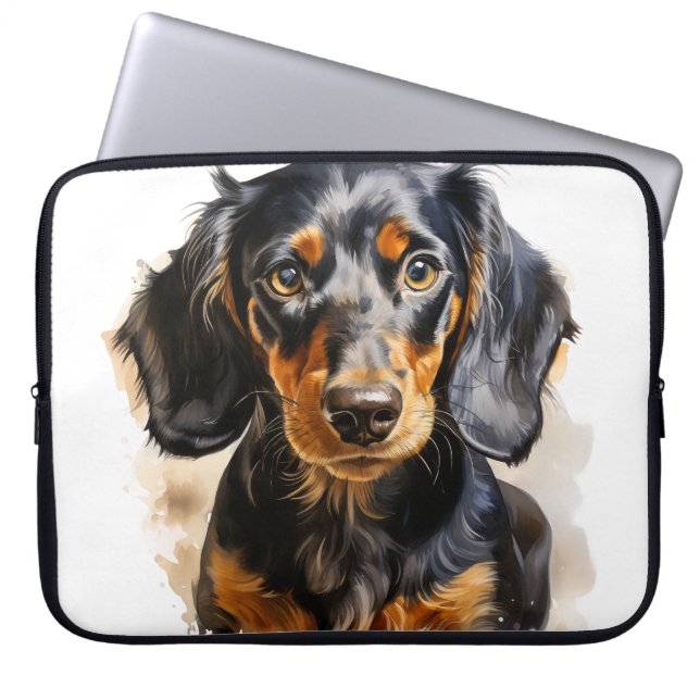 MOOIE ZWARTE & TAN TECKEL PUPPY HOND LAPTOP SLEEVE (Voorkant)