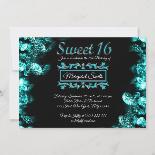 Mooie zwarte turquoise diamanten Sweet 16 Nodig ui Kaart (Voorkant)