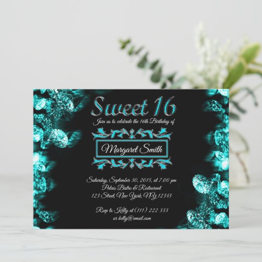 Mooie zwarte turquoise diamanten Sweet 16 Nodig ui Kaart (Staand voorkant)