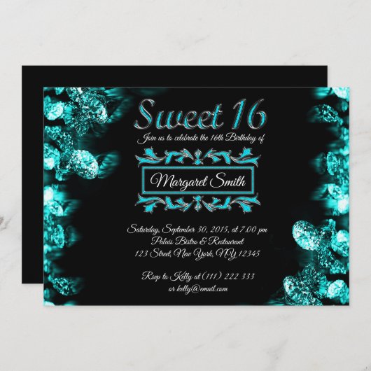 Mooie zwarte turquoise diamanten Sweet 16 Nodig ui Kaart (Voorkant / Achterkant)