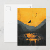 Mooie zwarte vogel op een draad in de bergen briefkaart (Voorkant / Achterkant)