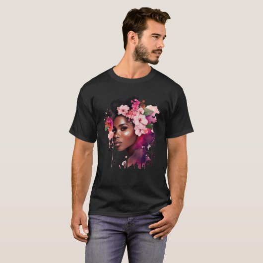 Mooie zwarte vrouw Afro koningin melanine roze flo T-shirt (Voorkant volledig)