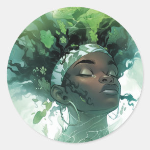 Mooie Zwarte Vrouw Drijvend in Water w / Planten Ronde Sticker
