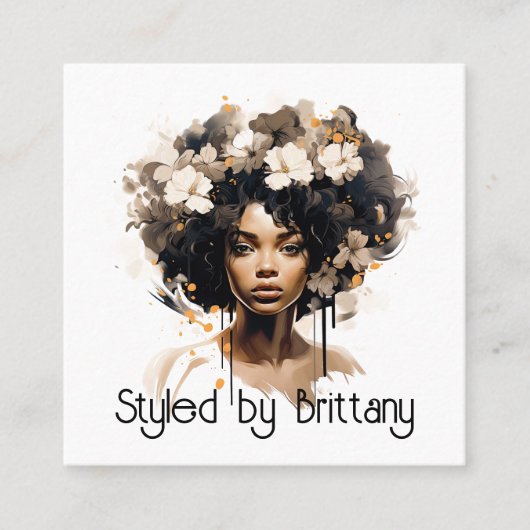 Mooie zwarte vrouw haar make-up stylist vierkante visitekaartje (Voorkant)