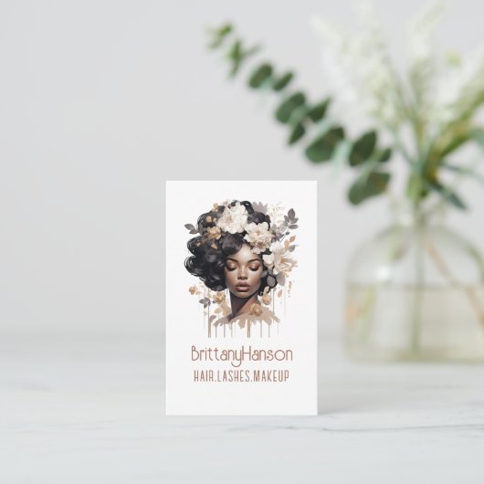 Mooie zwarte vrouw haar make-up stylist visitekaartje (Staand voorkant)