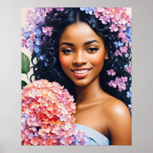 Mooie zwarte vrouw Hydrangeas Portret Poster
