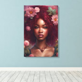 Mooie zwarte vrouw in een bloementuin canvas afdruk (Insitu (Houten vloer))