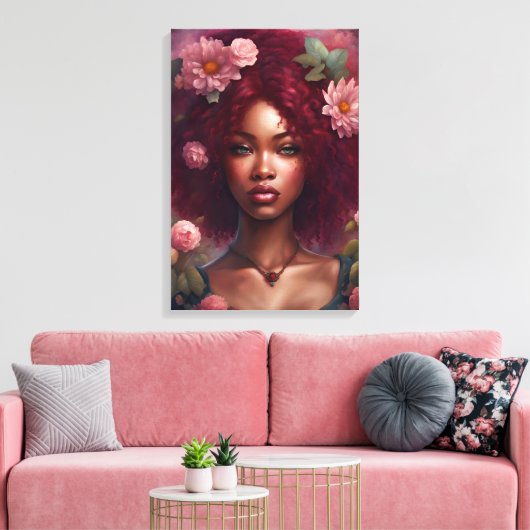 Mooie zwarte vrouw in een bloementuin canvas afdruk (Insitu (Woonkamer))