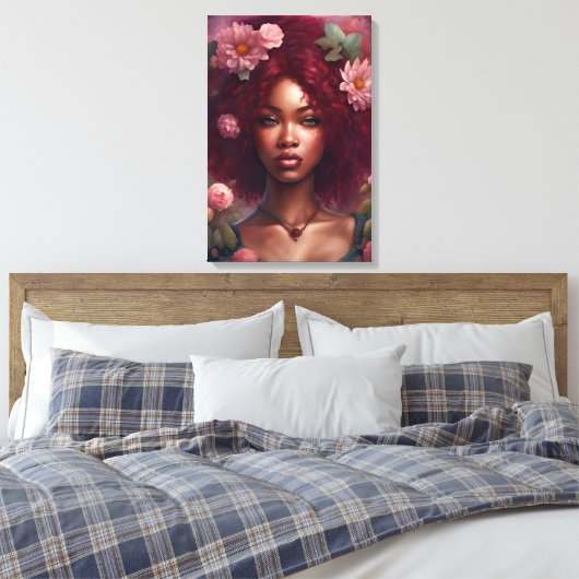 Mooie zwarte vrouw in een bloementuin canvas afdruk (Insitu (Slaapkamer))