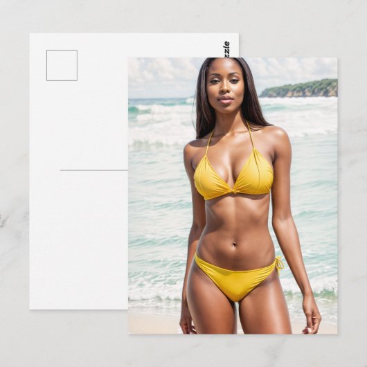 Mooie zwarte vrouw in gele bikini briefkaart (Voorkant / Achterkant)