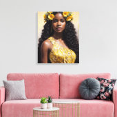 Mooie zwarte vrouw in gele portretkunst canvas afdruk (Insitu (Woonkamer))