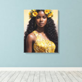Mooie zwarte vrouw in gele portretkunst canvas afdruk (Insitu (Houten vloer))