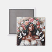 Mooie zwarte vrouw met bloemenduiven magneet (Voorkant / Achterkant)