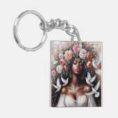 Mooie zwarte vrouw met bloemenduiven sleutelhanger (Voorkant Links)