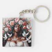 Mooie zwarte vrouw met bloemenduiven sleutelhanger (Achterkant)
