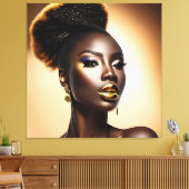 Mooie zwarte vrouw met gouden hooglichten canvas afdruk (Insitu (Woonkamer))