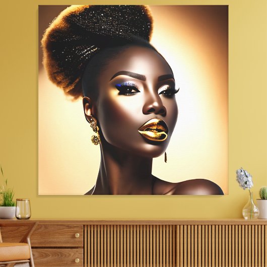 Mooie zwarte vrouw met gouden hooglichten canvas afdruk (Insitu (Woonkamer))