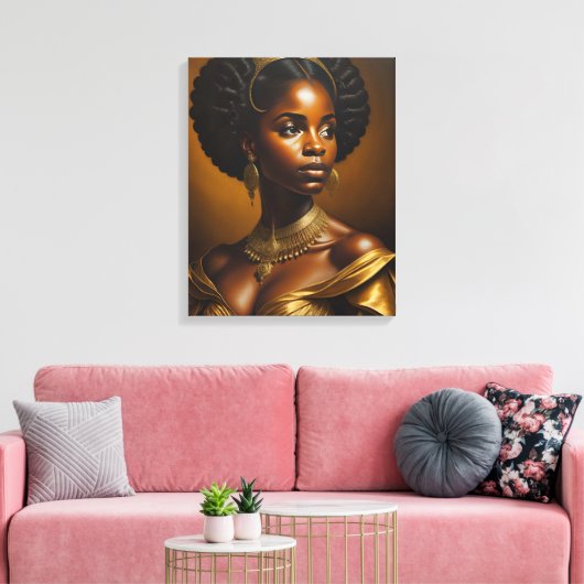 Mooie zwarte vrouw met gouden kroon canvas afdruk (Insitu (Woonkamer))