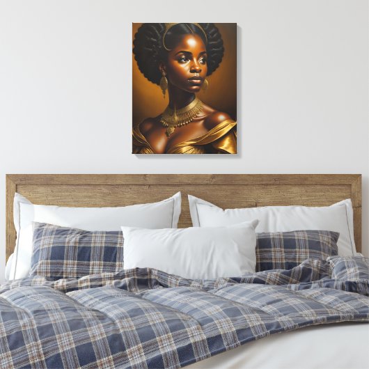 Mooie zwarte vrouw met gouden kroon canvas afdruk (Insitu (Slaapkamer))