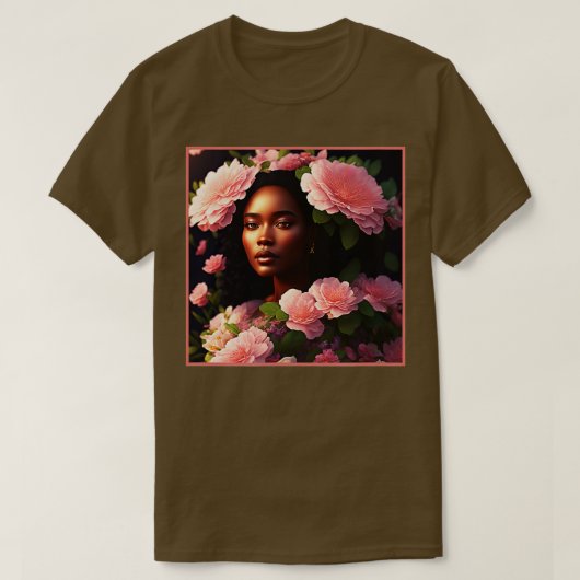 Mooie zwarte vrouw met roze bloemen t-shirt (Design voorkant)