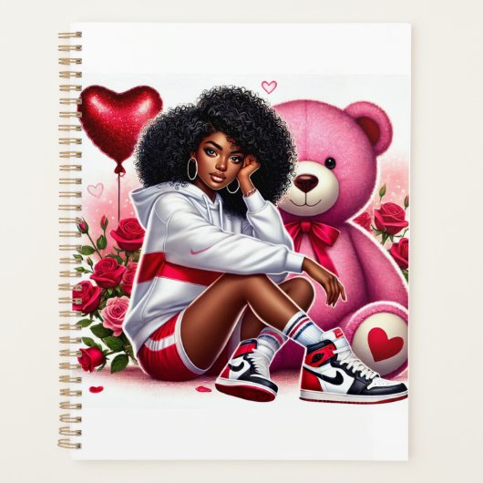 Mooie zwarte vrouw met Valentijnse geschenken Planner (Voorkant)
