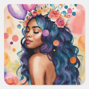 Mooie Zwarte Vrouw Multikleur Feest Kunst Vierkante Sticker