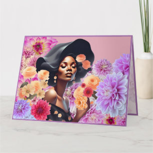 MOOIE ZWARTE VROUW ROZE BLOEMEN VLINDERS KAART
