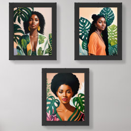 Mooie zwarte vrouwen Monstera Deliciosa Botanical Muurkunst Sets