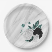 Mooie zwarte witte blauwgroen bloemen marmer papieren bordje (Voorkant)