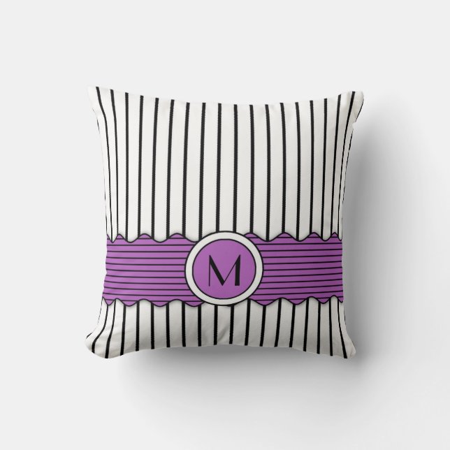 Mooie Zwarte Witte en Paarse Streep Monogram Ontwe Kussen (Voorkant)