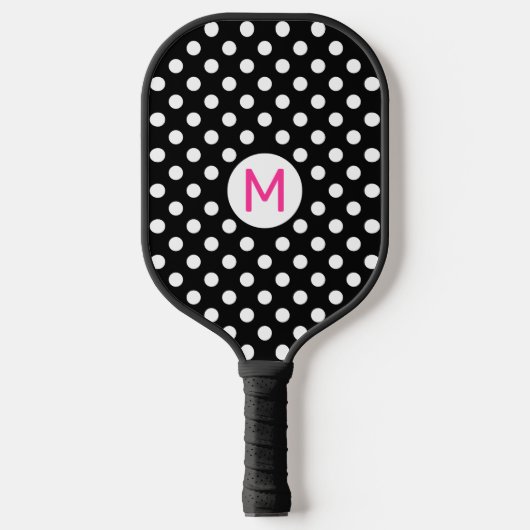 Mooie Zwarte Witte Stippen Roze Monogram Pickleball Paddle (Voorkant)