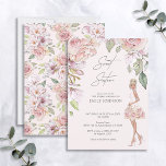 Mooie zweet zestien roze roze roze rozenbloem kaart<br><div class="desc">Een prachtige, elegante Sweet 16-jarige uitnodiging in roze en gouden tonen. Deze mooie uitnodiging is voorzien van een glamoureus, fashioneerbaar meisje in een roze bloemetjesjurk, een bloemige handtas en een gladde juwelen, met bogen op haar stilettos. Er is een coördinerend lijst voor de florale oplossing bovenaan, allemaal op een wazige...</div>