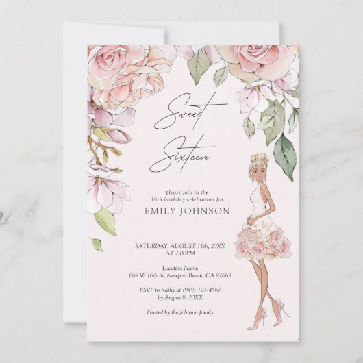 Mooie zweet zestien roze roze roze rozenbloem kaart (Voorkant)