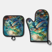 Mooie zwemmen Zee schildpad gewatteerd Ovenwant & Pannenlap Set (Voorkant)