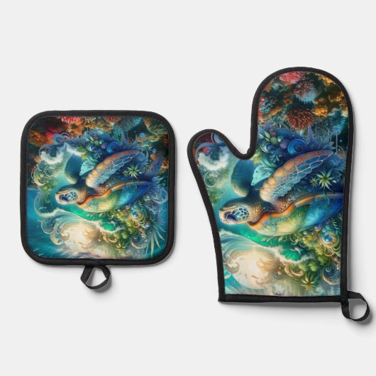 Mooie zwemmen Zee schildpad gewatteerd Ovenwant & Pannenlap Set (Voorkant)