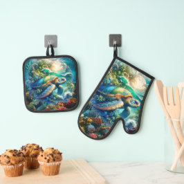 Mooie zwemmen Zee schildpad gewatteerd Ovenwant & Pannenlap Set