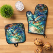 Mooie zwemmen Zee schildpad gewatteerd Ovenwant & Pannenlap Set (Top down)