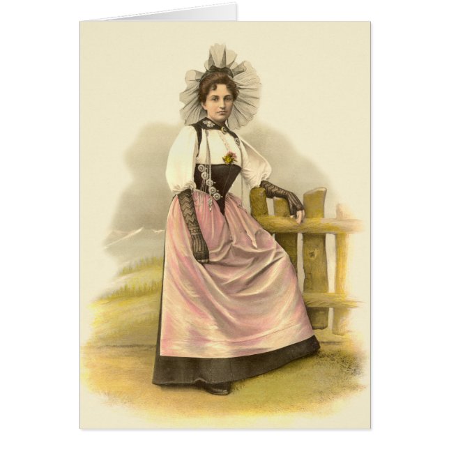 Mooie Zwitserse vrouw in het traditionele kostuum, (Voorkant)